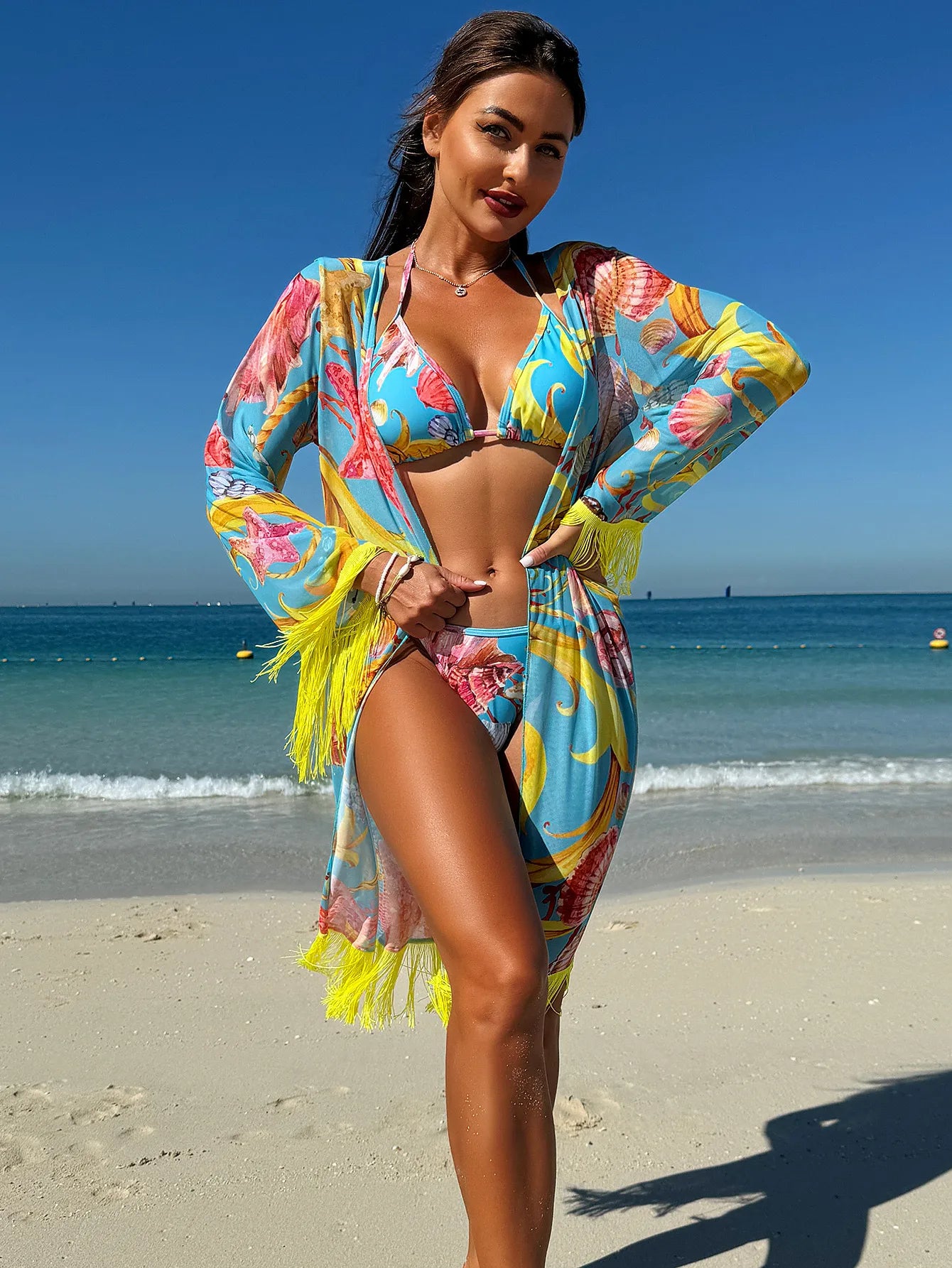 Feely Tassel Drape Three Piece Swimsuit Set for Women