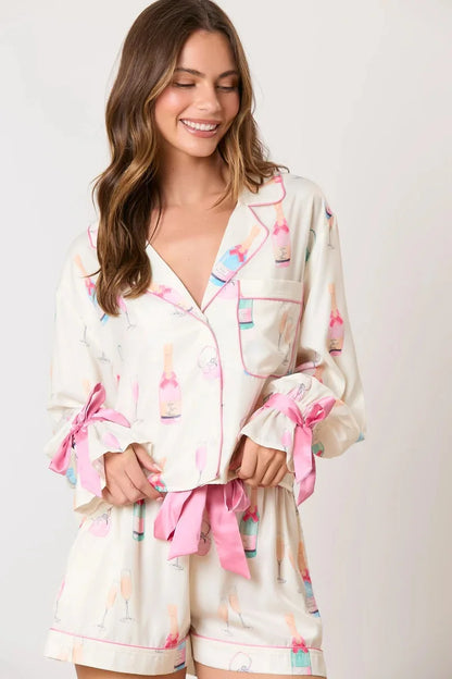 White Christmas Wine Glass Print Bow Knot Two Piece Pajama Set