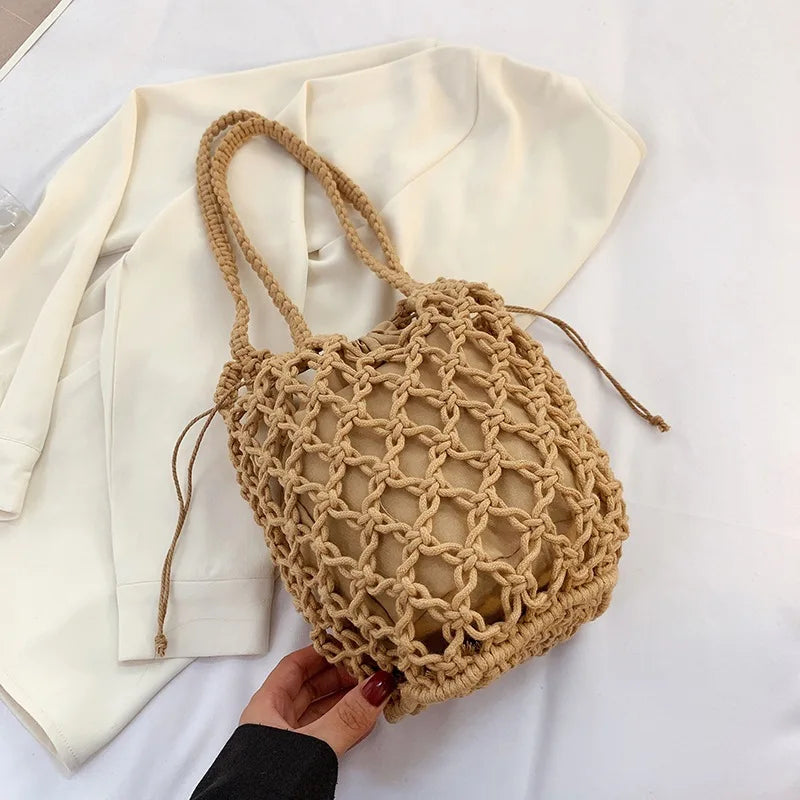 Stylish Mesh Rope Knitted Bucket Shoulder Bag for All Occasions - Love Salve 
