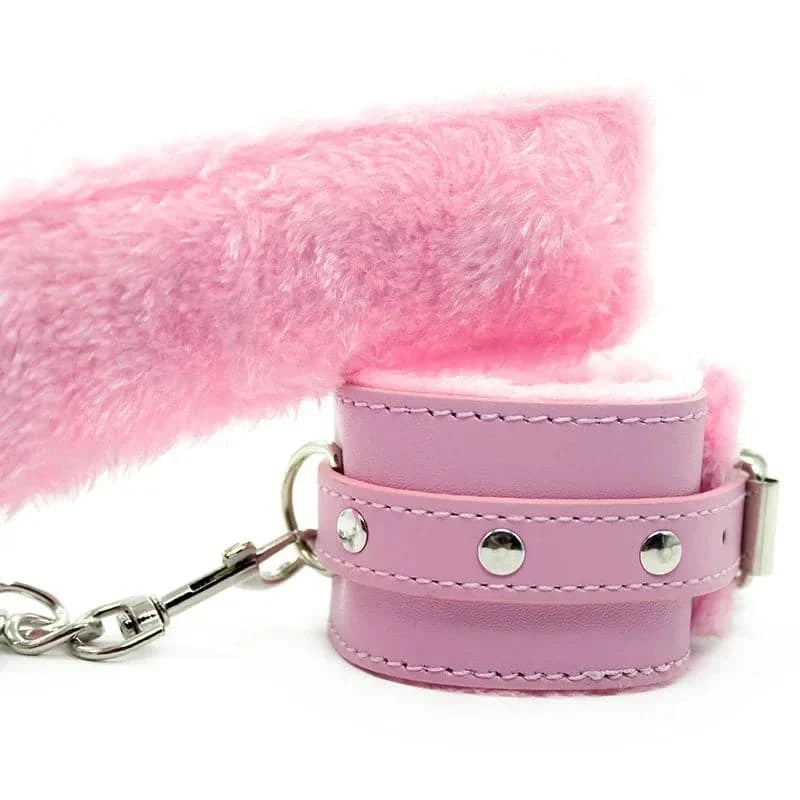 Fuzzy plush wrist cuffs for playful bondage and adult games