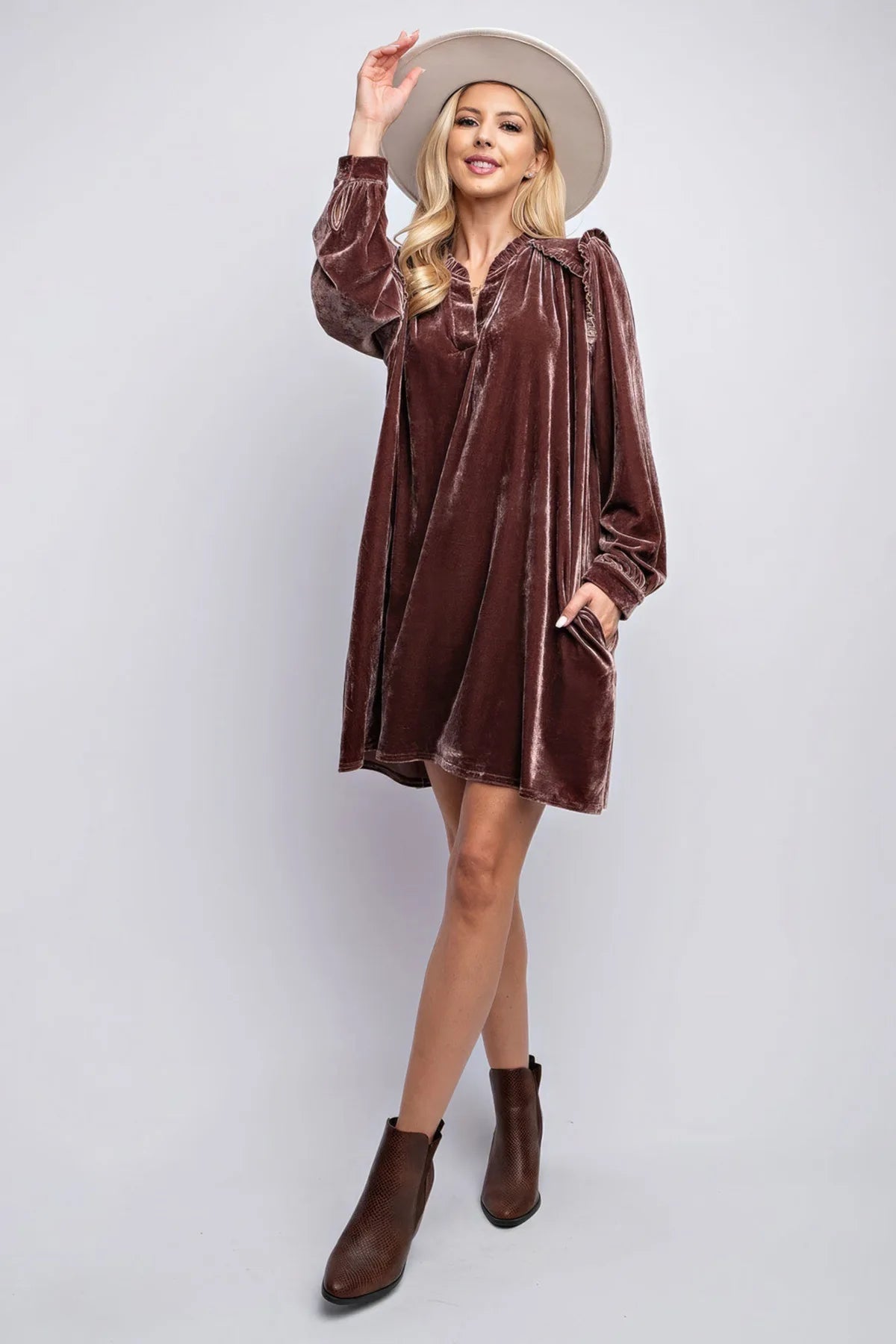 College Teens Girls Velvet Dress Winter Fall Red Brown Black Long Sleeve Party Dresses With Pockets Twenties Clothes