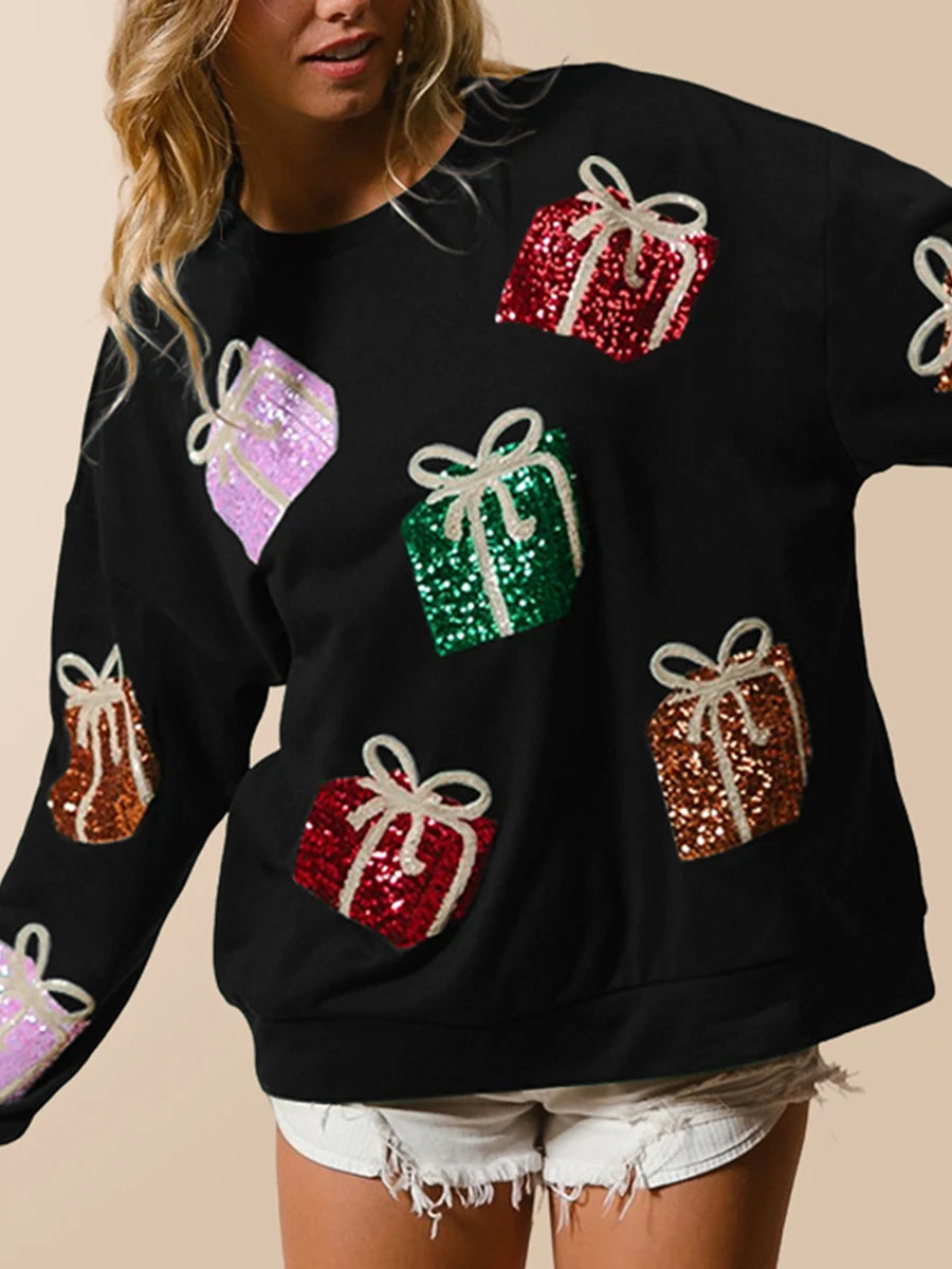 Women Glitter Christmas Sweatshirts Oversized Cute Sequin Graphic Shirts Long Sleeve Sparkly Xmas Pullover Black