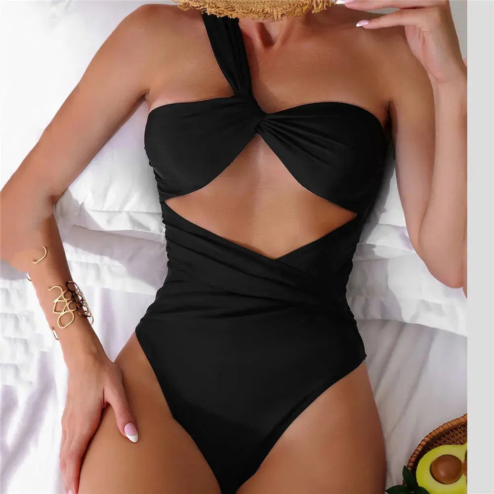 One Shoulder Sexy Black One Piece Swimsuit for Women - Love Salve 