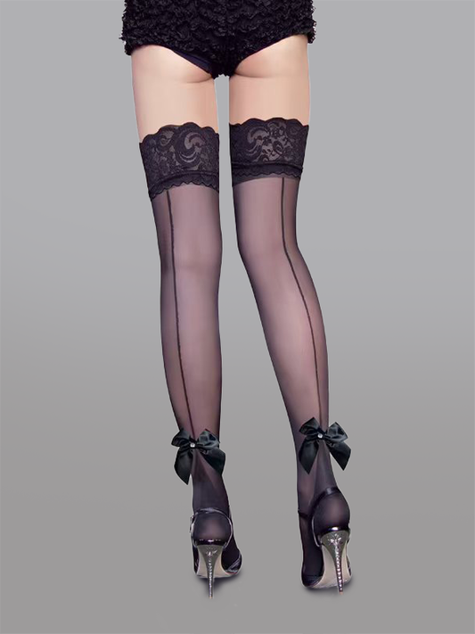 Bow Detail Sheer Lace Stocking With Back Ankle Bow Hello.LA.Girl