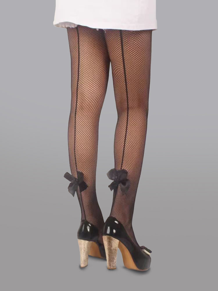 Bow Detail Sheer Mesh Tights With Back Bow Accent Detail Hello.LA.Girl