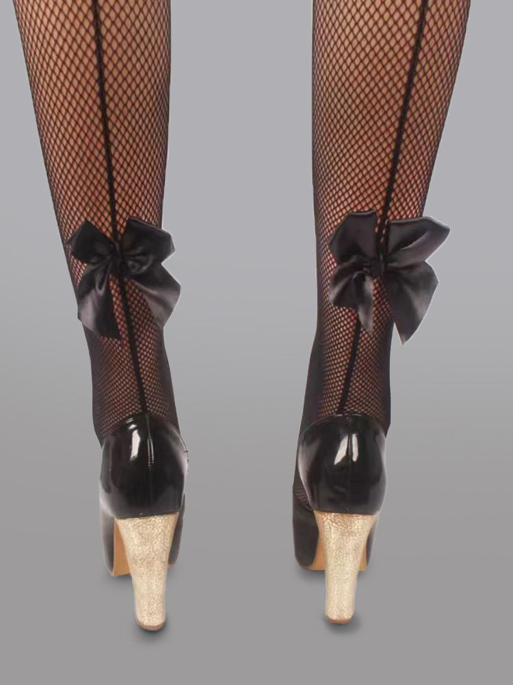 Bow Detail Sheer Mesh Tights With Back Bow Accent Detail Hello.LA.Girl