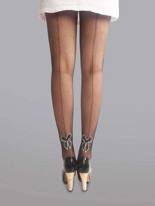 High Waist Bowknot Fishnet Pantyhose With Rhinestones Hello.LA.Girl