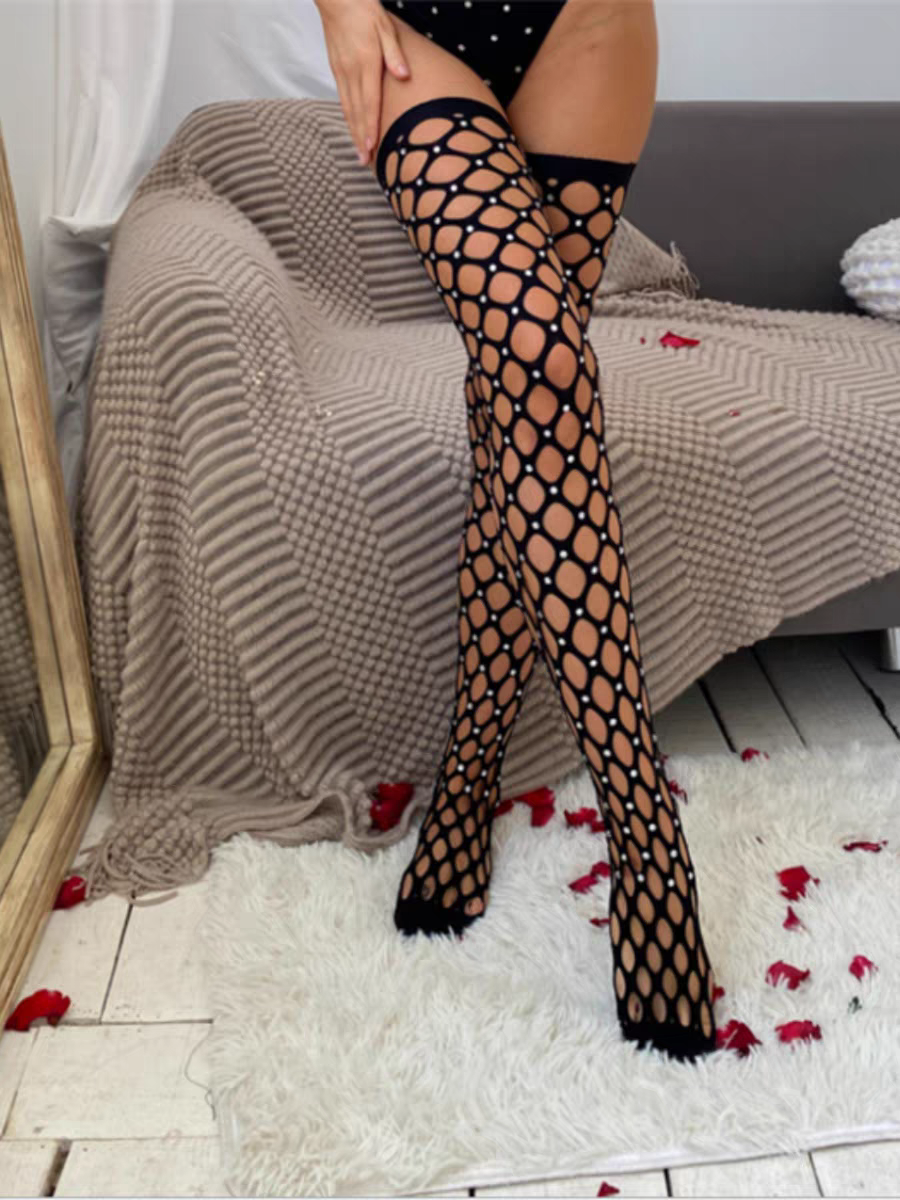 Rhinestone Thigh High Fishnet Pantyhose Stockings For Women Hello.LA.Girl