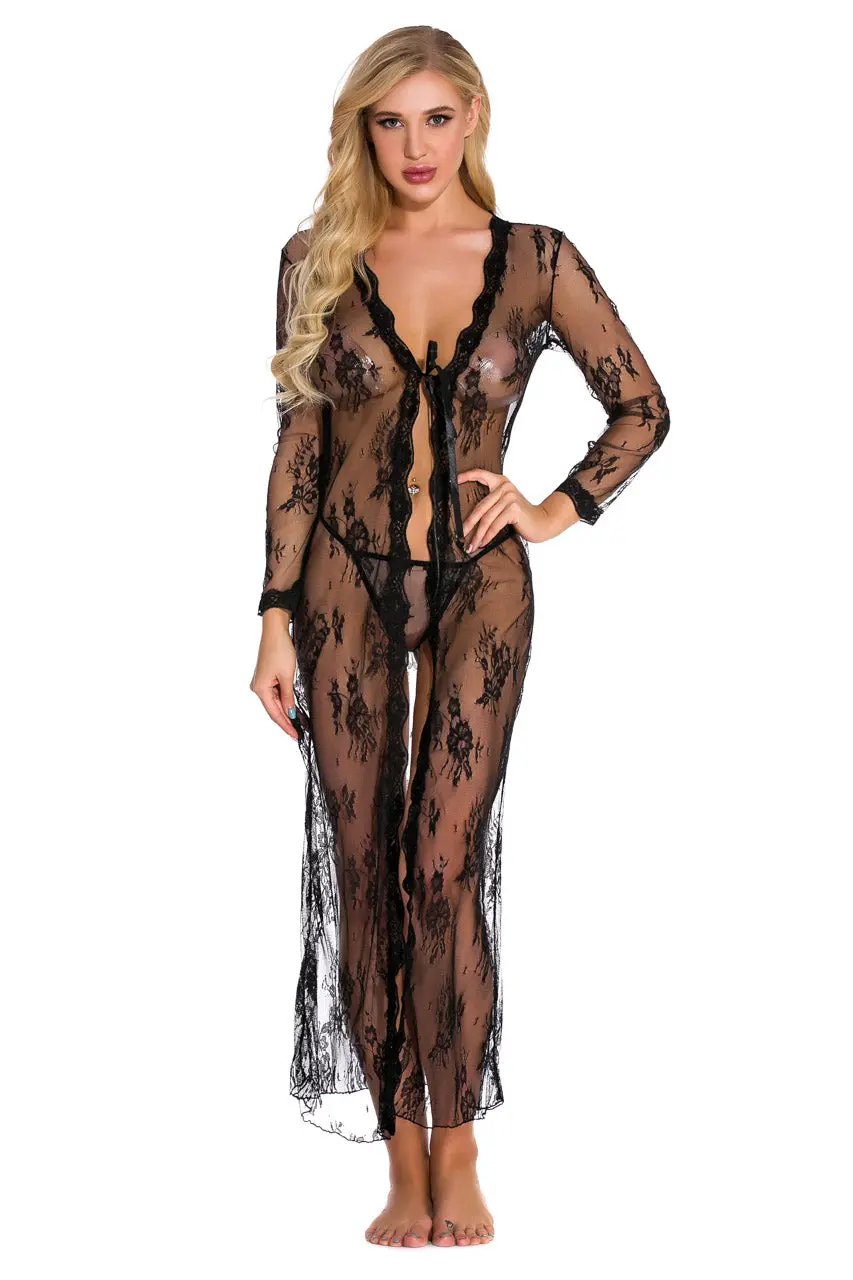 3wishes.com Apparel & Accessories > Lingerie - Long Lace Babydoll Robe - Premium Quality 3wishes.com