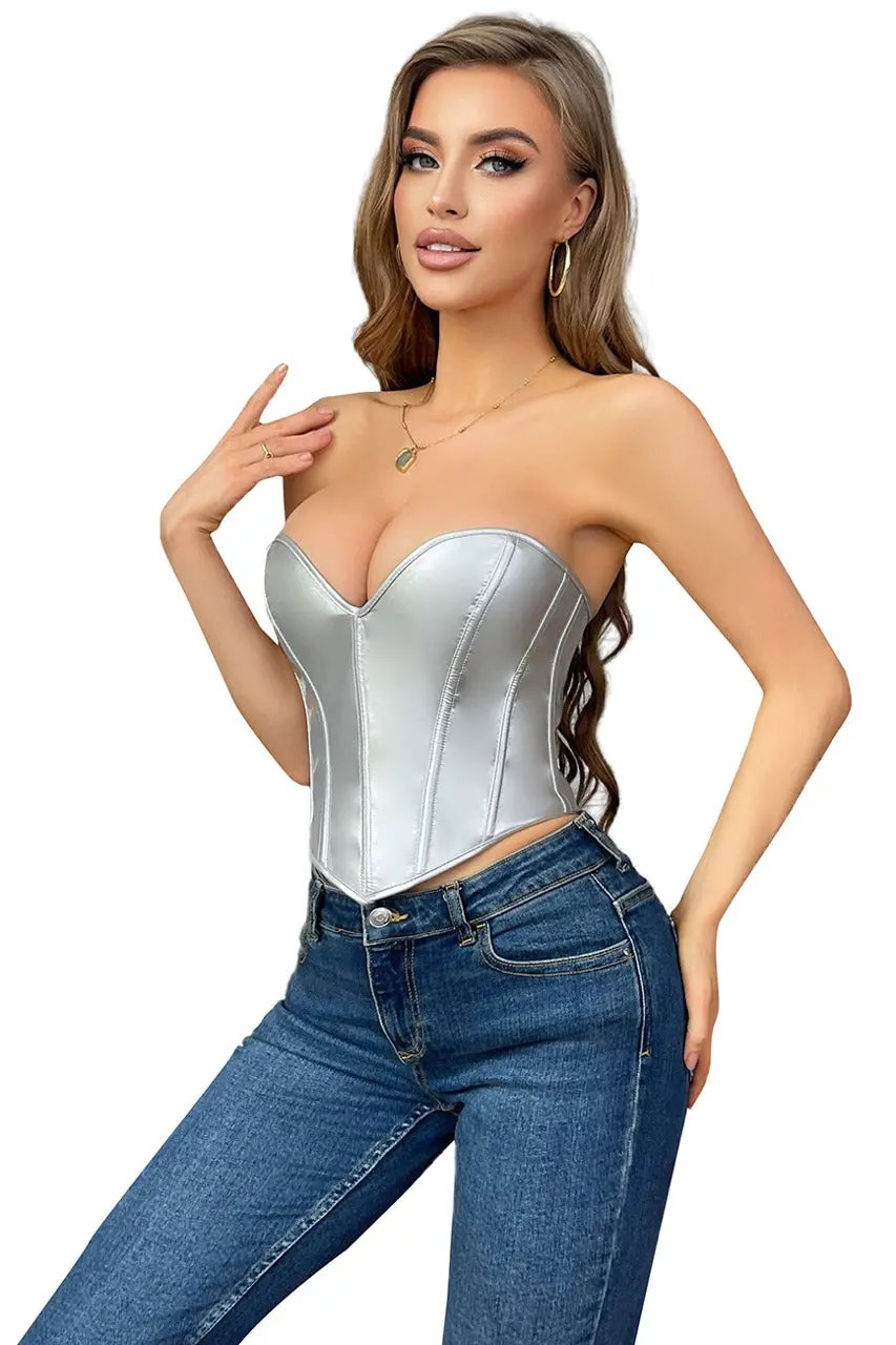 Faux Leather Silver Sweetheart Corset 3wishes.com