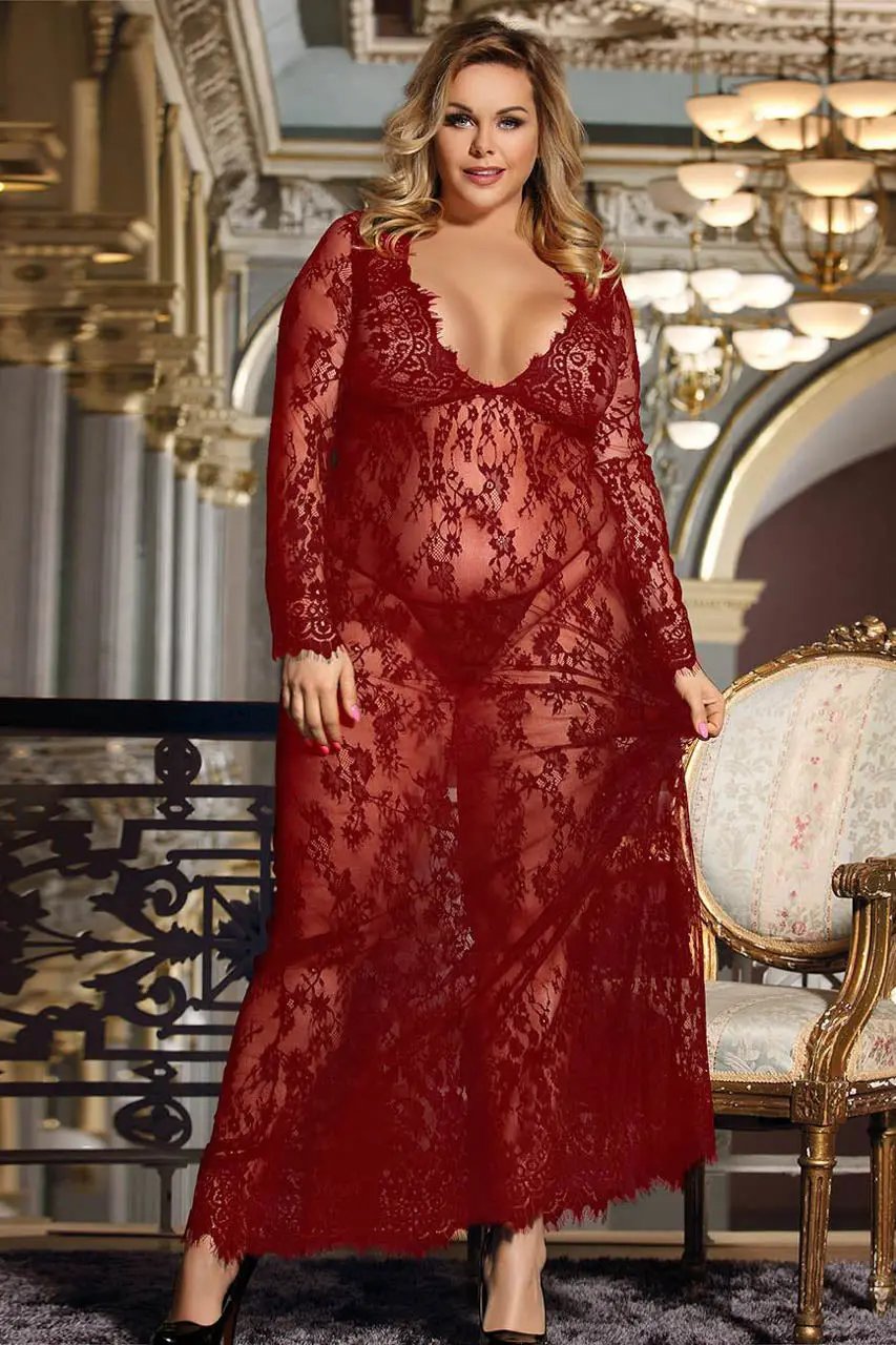 Plus Size Long Lace V Neck Gown 3wishes.com