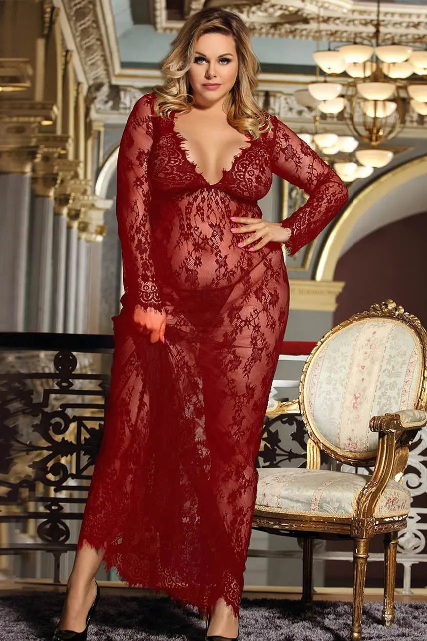 Plus Size Long Lace V Neck Gown 3wishes.com