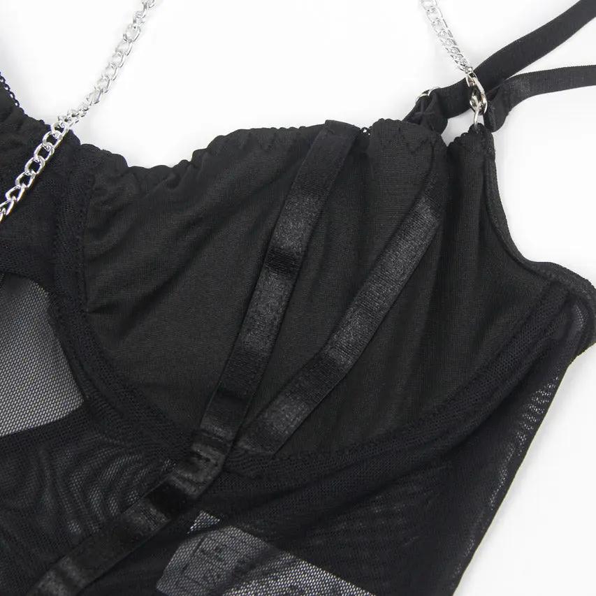 Black Chain Harness Bodysuit 3wishes.com