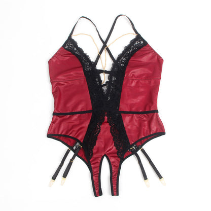 Burgundy Faux Leather Teddy Lingerie leather - Product