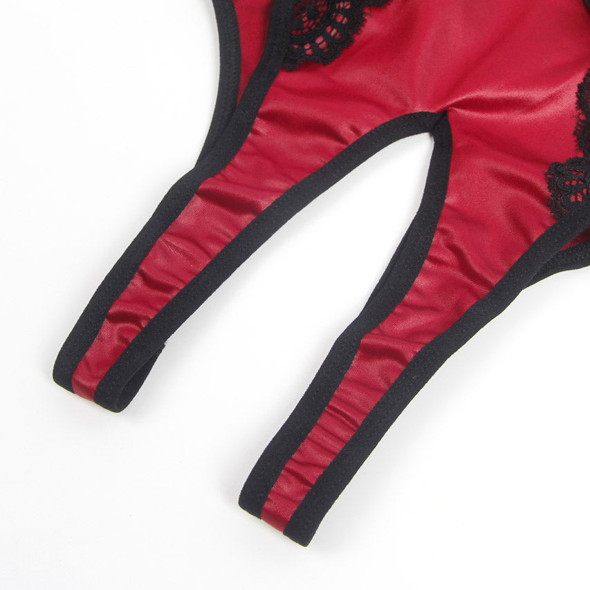 Burgundy Faux Leather Teddy Lingerie With Lace Chain Straps Garter Cheeky Back 3wishes.com