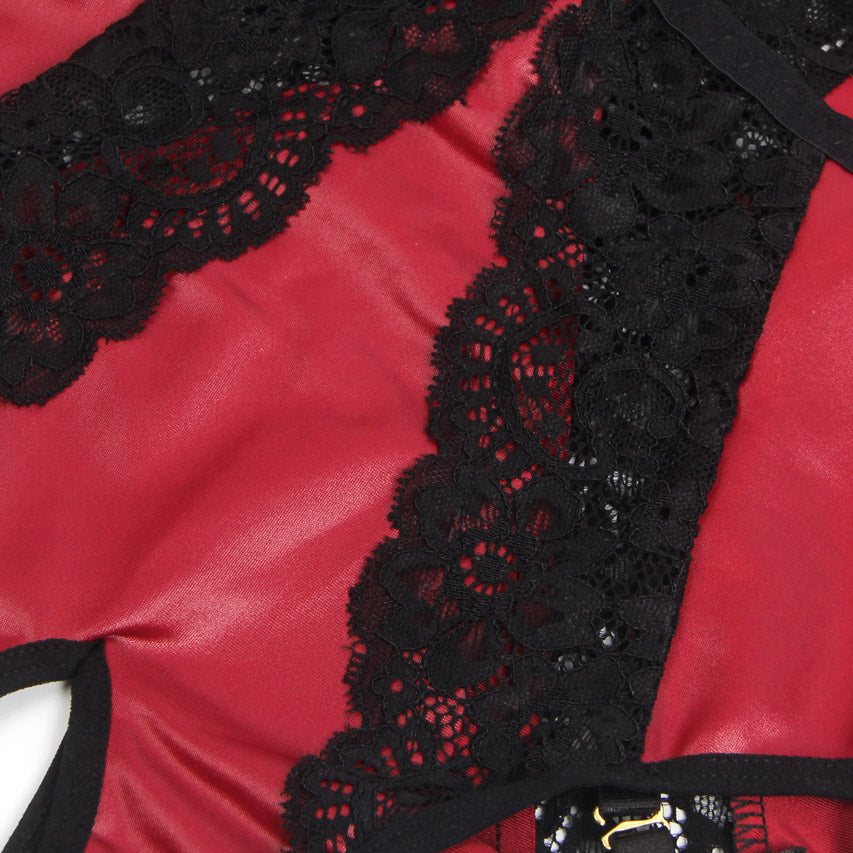 Burgundy Faux Leather Teddy Lingerie With Lace Chain Straps Garter Cheeky Back 3wishes.com