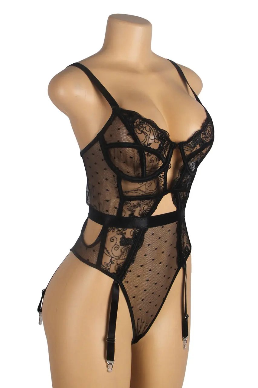 Embroidered Lace Cut Lingerie Teddy 3wishes.com