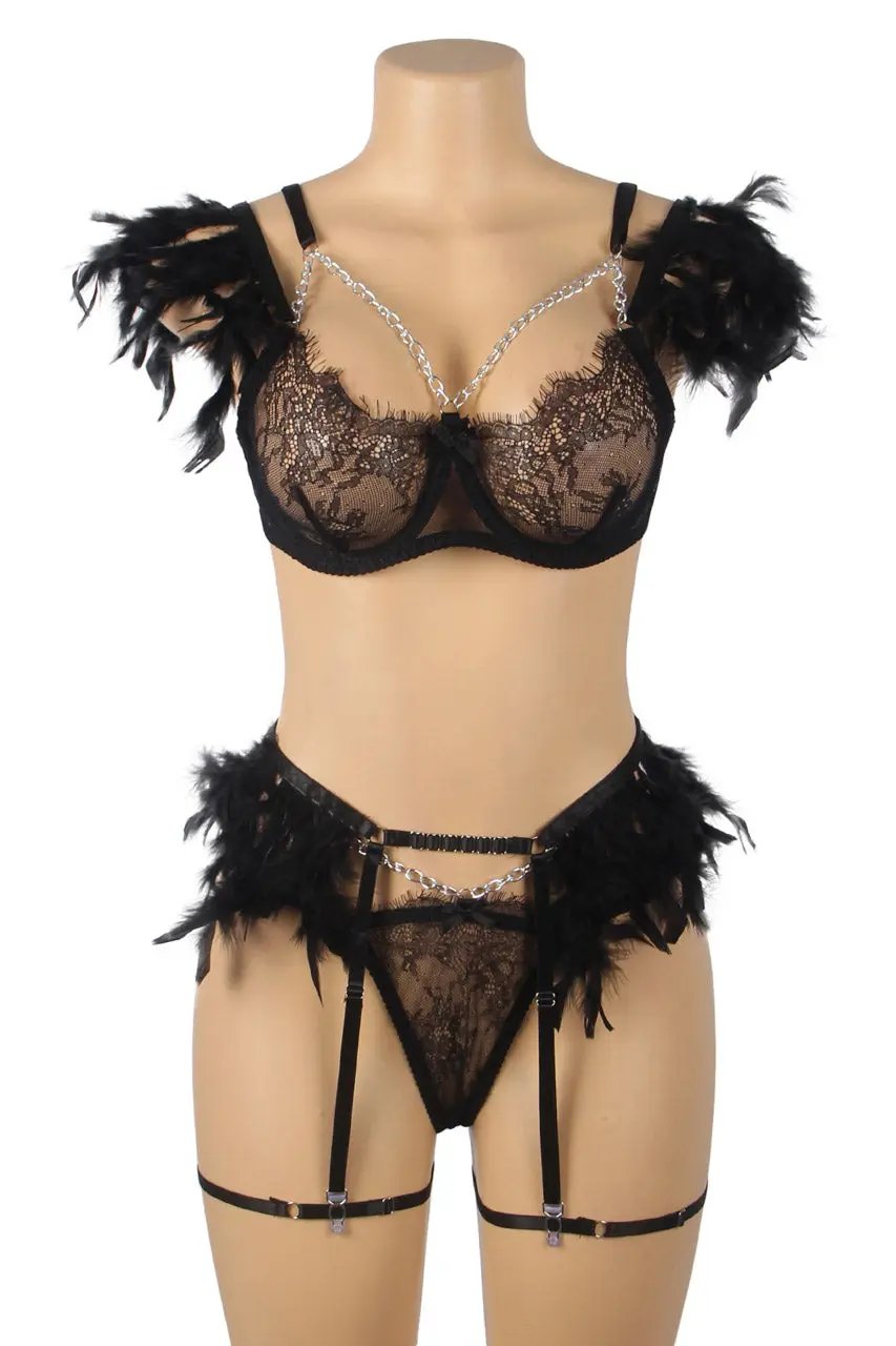 Feather Lace Chain Lingerie Bra Set 3wishes.com