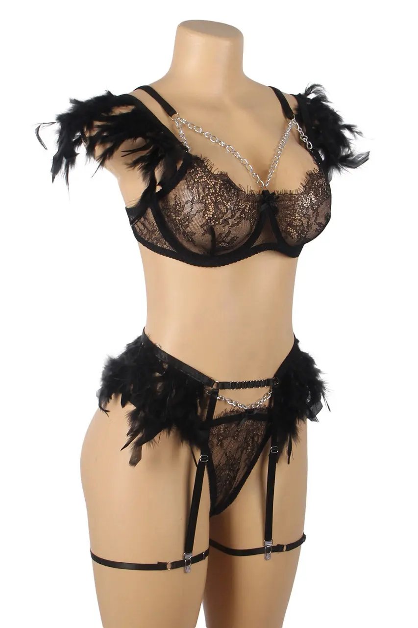Feather Lace Chain Lingerie Bra Set 3wishes.com