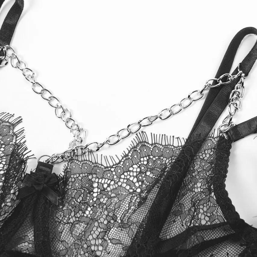 Feather Lace Chain Lingerie Bra Set 3wishes.com