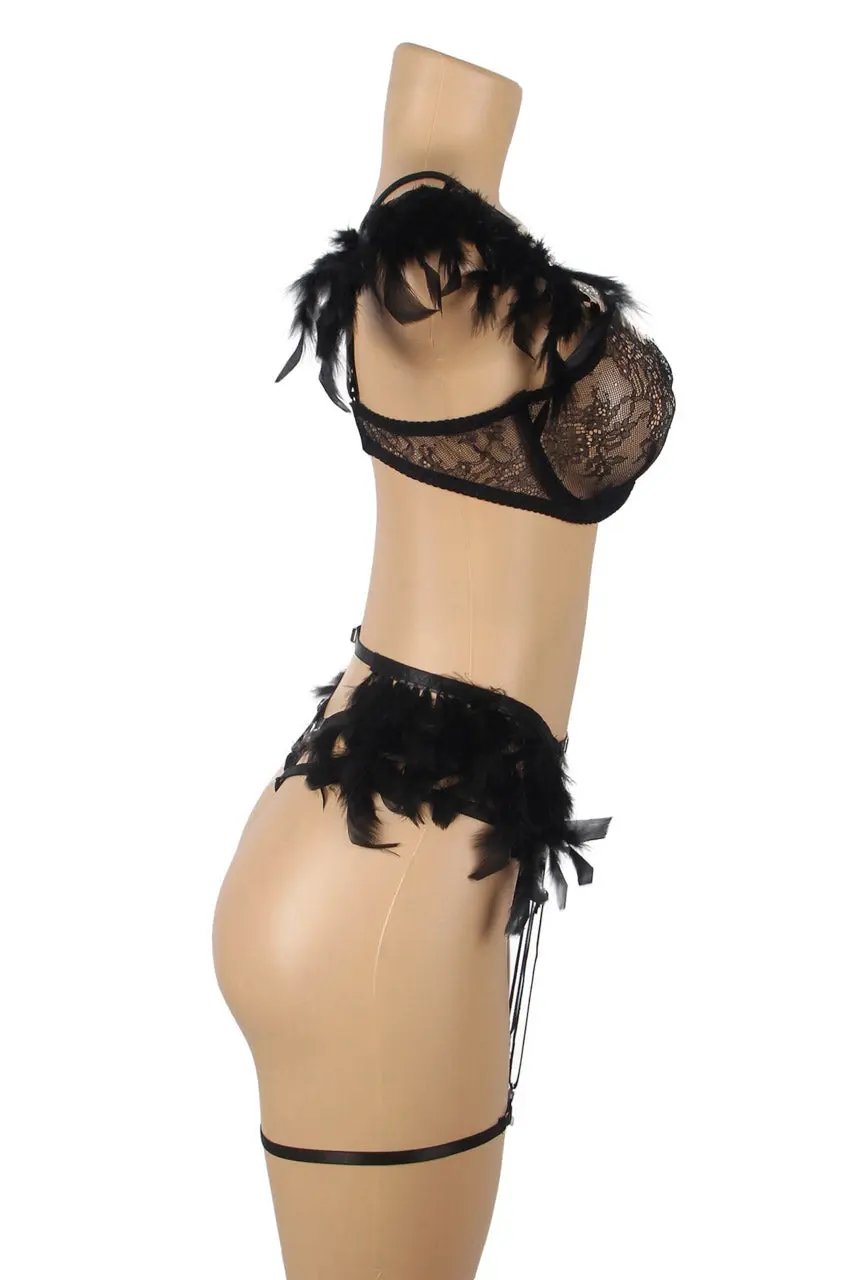 Feather Lace Chain Lingerie Bra Set 3wishes.com