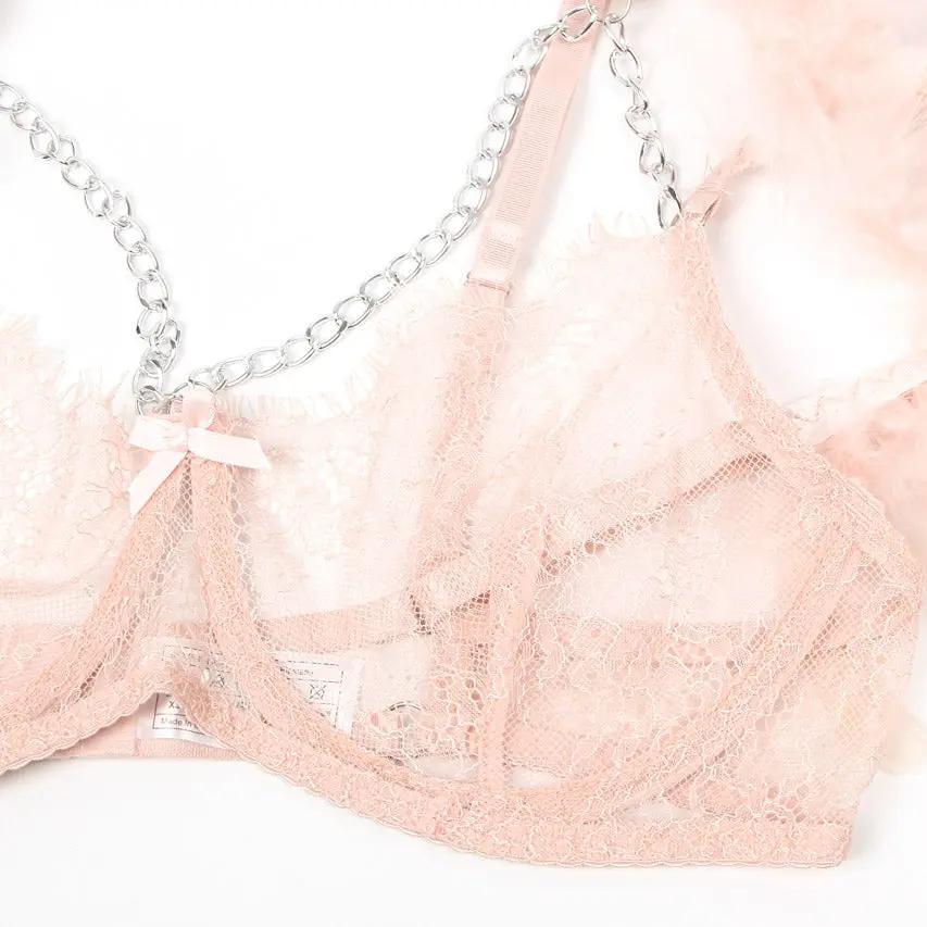 Feather Lace Chain Lingerie Bra Set 3wishes.com