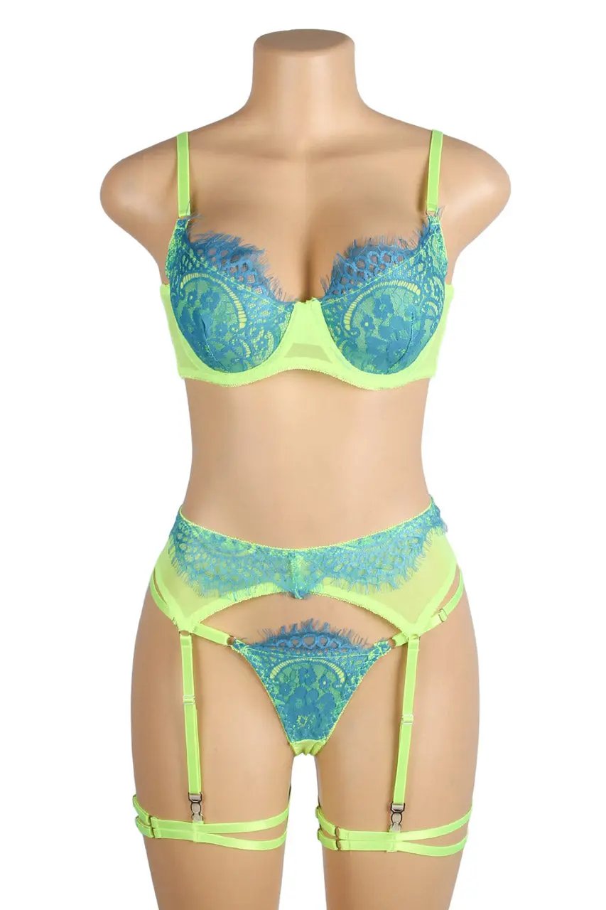 3wishes.com Apparel & Accessories > Lingerie - Neon Lace Bra and Garter Set - Premium Quality 3wishes.com
