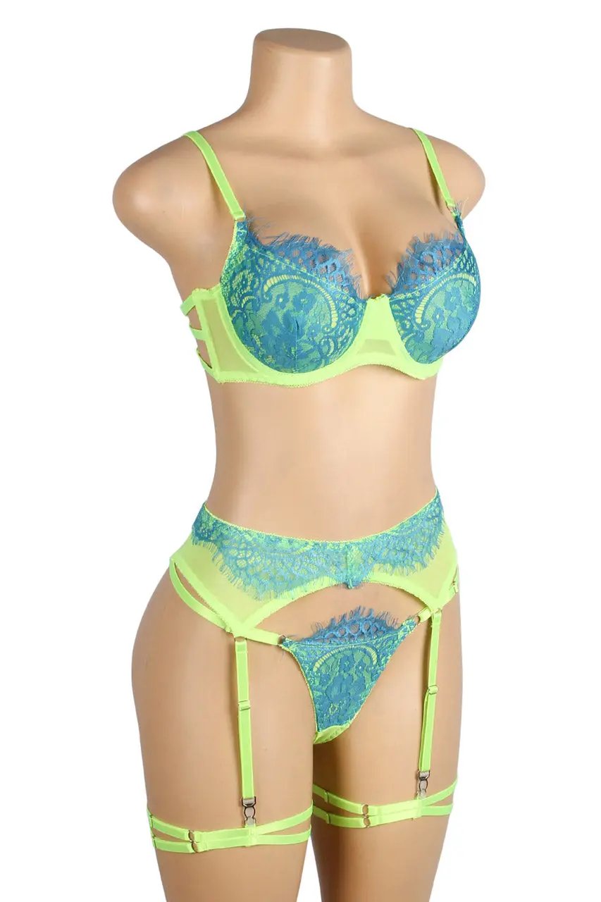 3wishes.com Apparel & Accessories > Lingerie - Neon Lace Bra and Garter Set - Premium Quality 3wishes.com