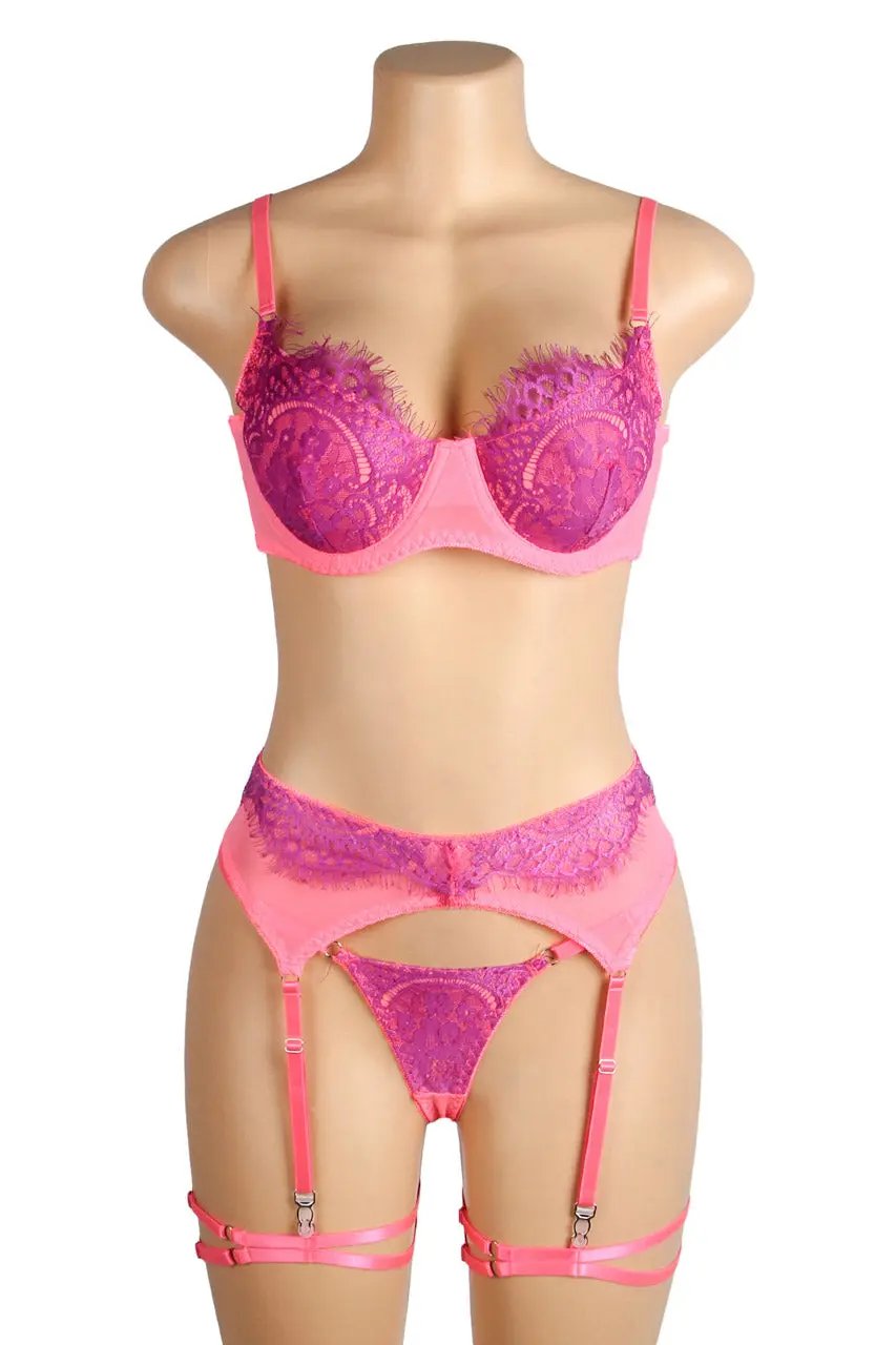 3wishes.com Apparel & Accessories > Lingerie - Neon Lace Bra and Garter Set - Premium Quality 3wishes.com