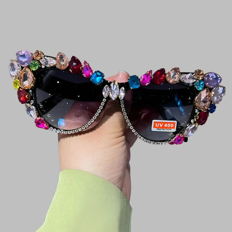 Hand Designed Bejeweled Sunglasses in Oversized Cat Eye Style
