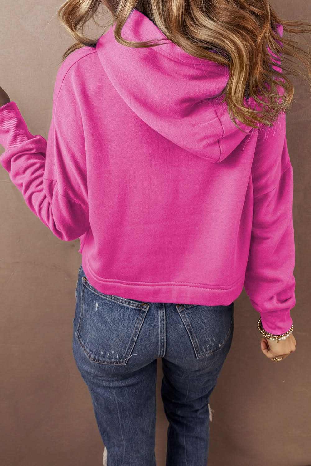 Sachet Pink Solid Drop Shoulder Drawstring Cropped Hoodie - Love Salve 