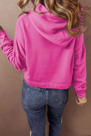 Sachet Pink Solid Drop Shoulder Drawstring Cropped Hoodie - Love Salve 