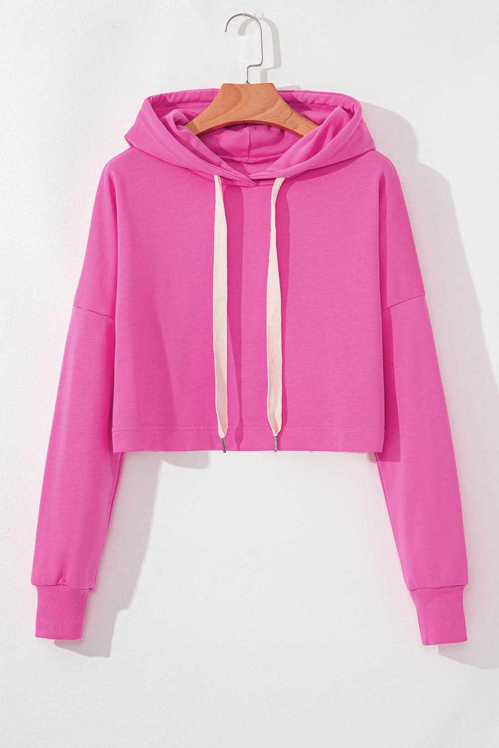 Sachet Pink Solid Drop Shoulder Drawstring Cropped Hoodie - Love Salve 