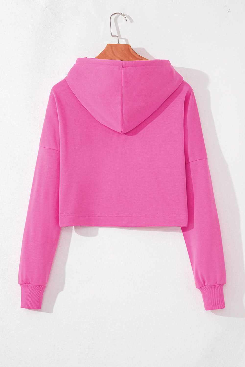 Sachet Pink Solid Drop Shoulder Drawstring Cropped Hoodie - Love Salve 