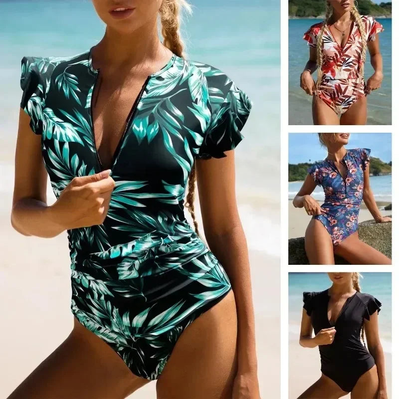 2024 Fashion Short Dress One-piece Swimsuit Zipper Swimwear