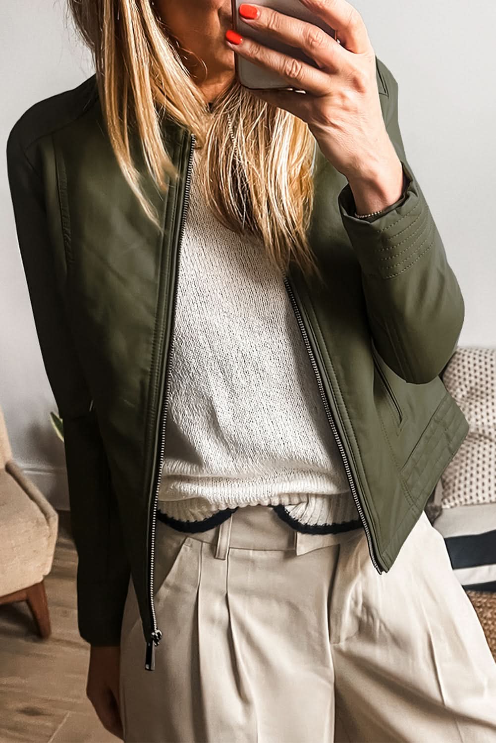 Sage Green Solid Faux Leather Zipper Slim Fit Bomber Jacket 