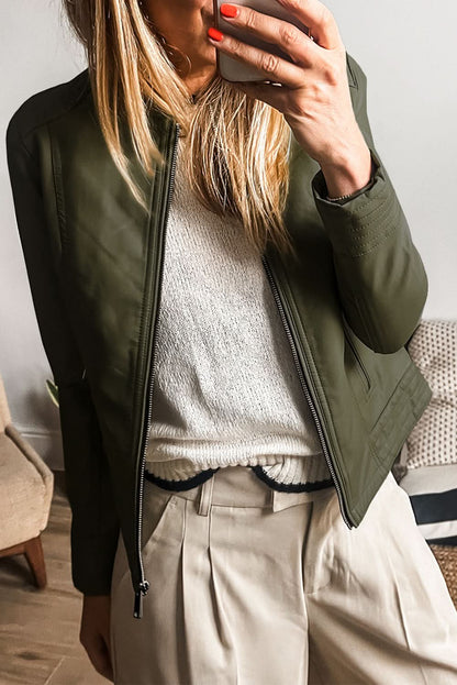 Sage Green Solid Faux Leather Zipper Slim Fit Bomber Jacket 