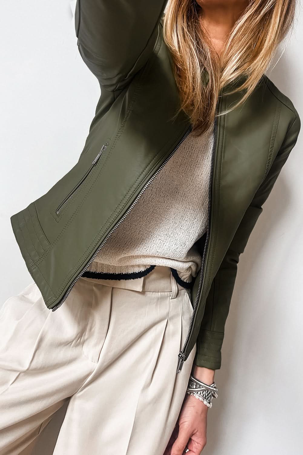 Sage Green Solid Faux Leather Zipper Slim Fit Bomber Jacket 