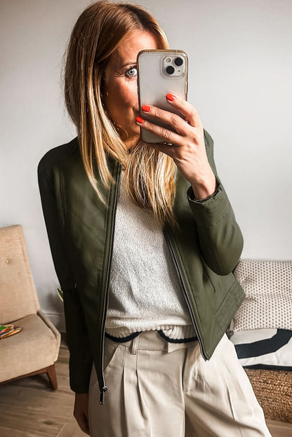 Sage Green Solid Faux Leather Zipper Slim Fit Bomber Jacket 