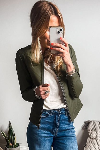Sage Green Solid Faux Leather Zipper Slim Fit Bomber Jacket 