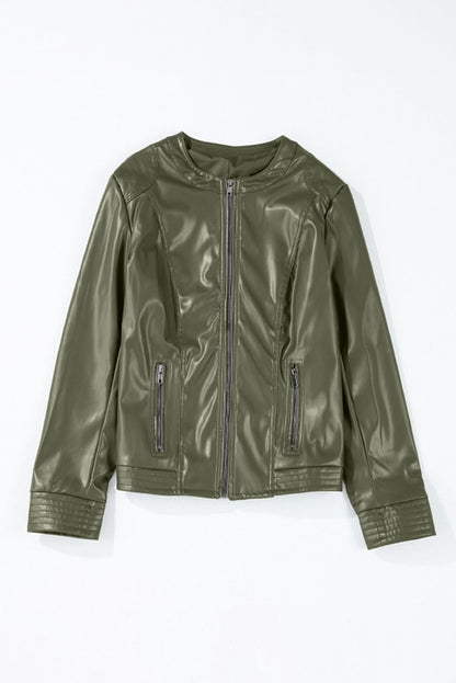 Sage Green Solid Faux Leather Zipper Slim Fit Bomber Jacket 