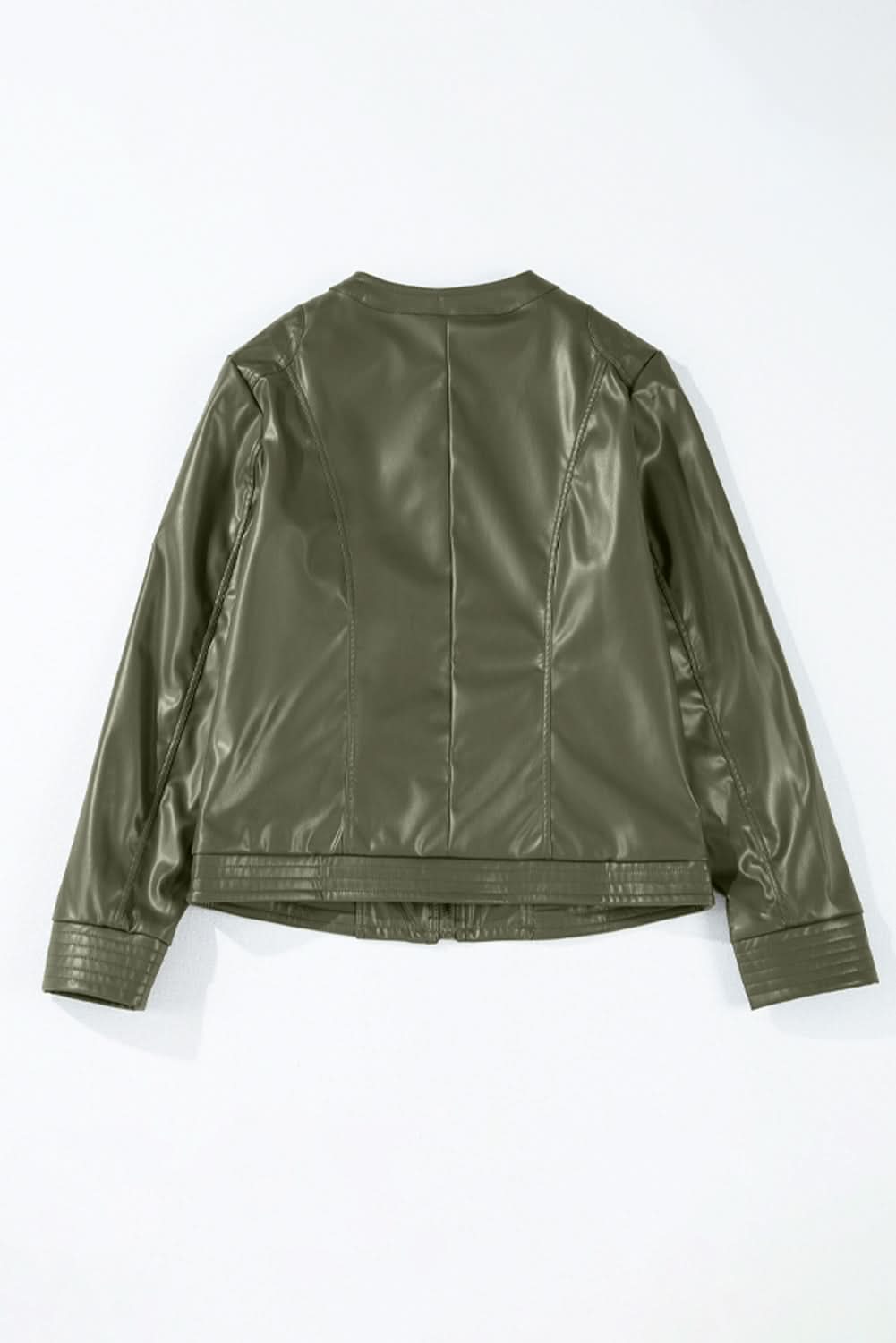 Sage Green Solid Faux Leather Zipper Slim Fit Bomber Jacket 