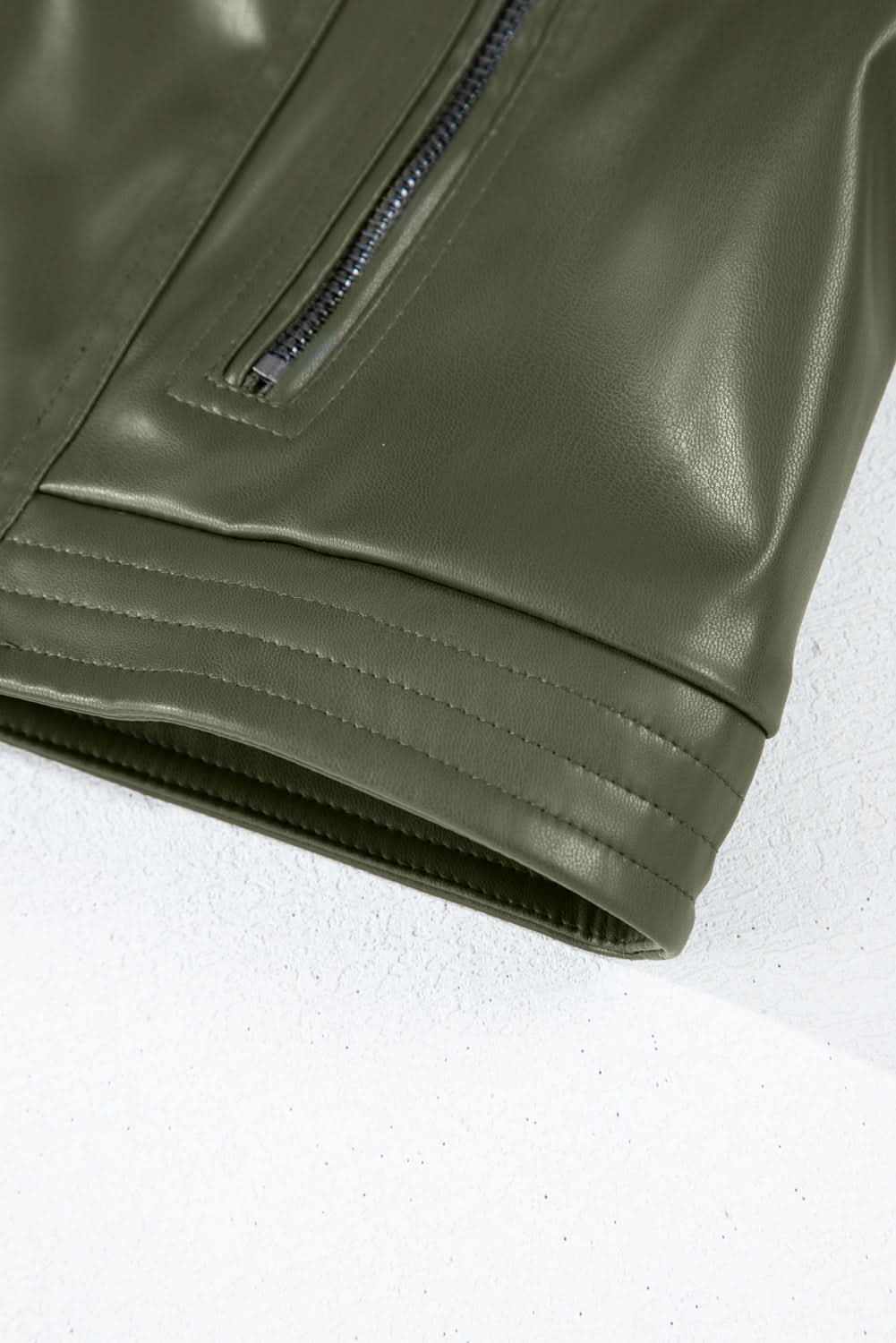Sage Green Solid Faux Leather Zipper Slim Fit Bomber Jacket 