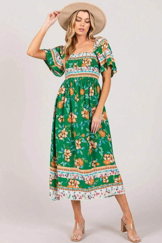 Sage and Fig Floral Print Midi Dress with Smocked Sleeves - Love Salve 