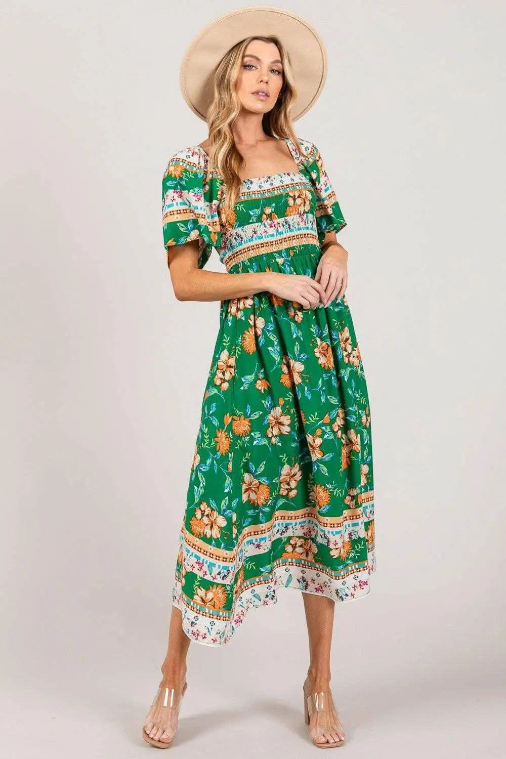 Sage and Fig Floral Print Midi Dress with Smocked Sleeves - Love Salve 