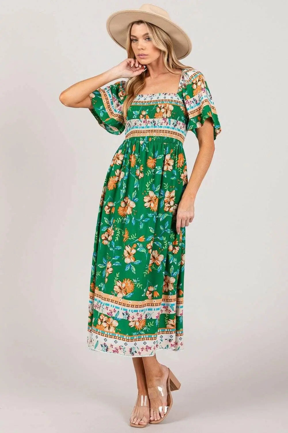 Sage and Fig Floral Print Midi Dress with Smocked Sleeves - Love Salve 