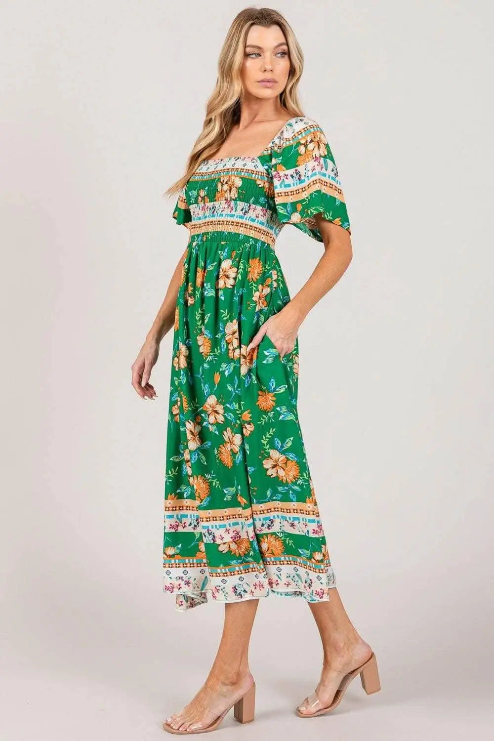 Sage and Fig Floral Print Midi Dress with Smocked Sleeves - Love Salve 
