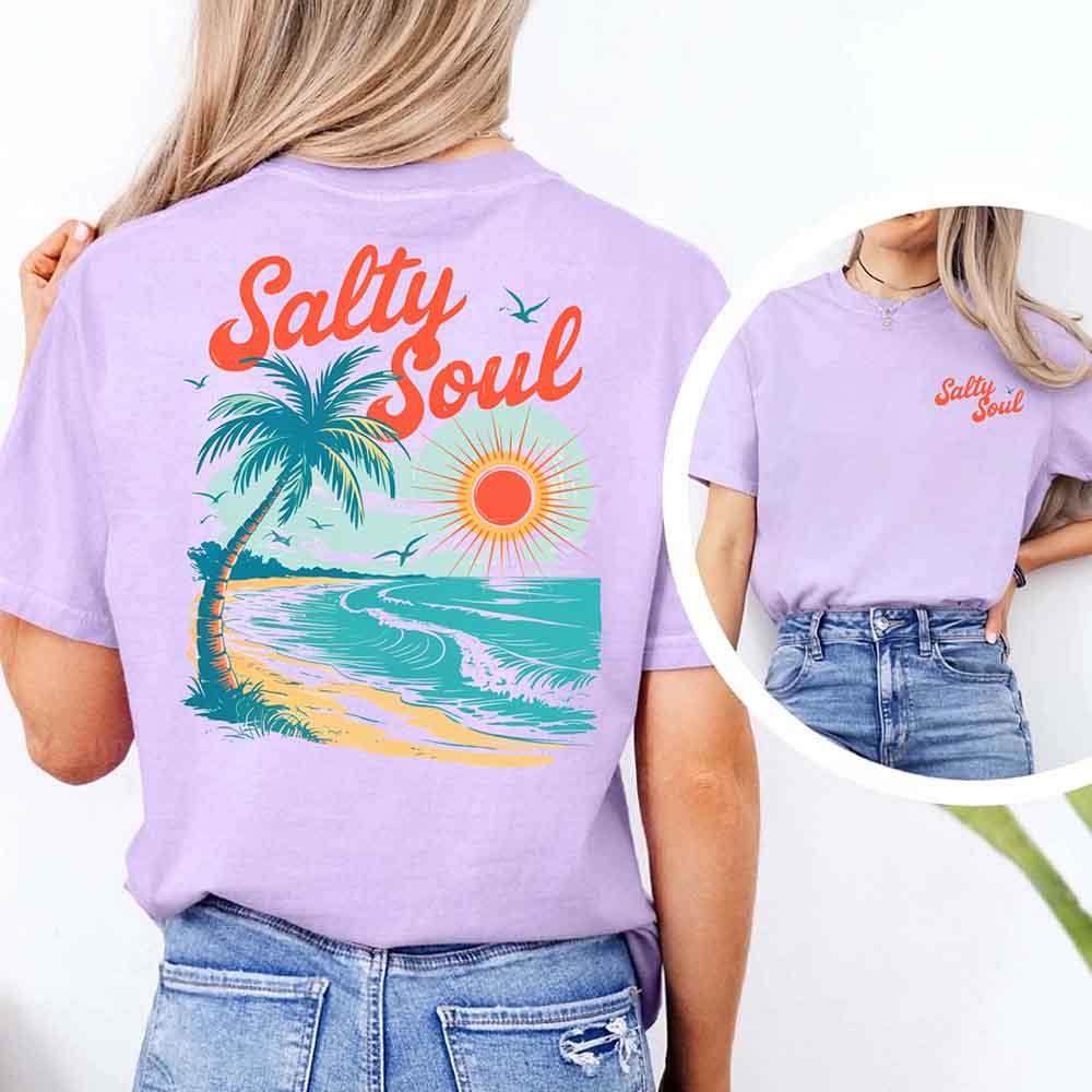 Adorb Custom Tees Salty Soul Comfort Colors Tee, a women's summer beach shirt in a relaxed fit, perfect for casual wear.