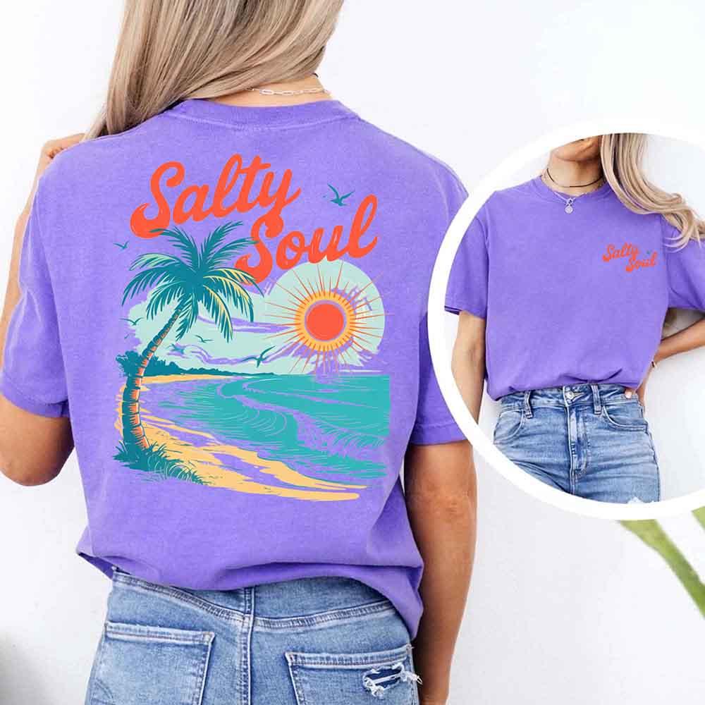 Adorb Custom Tees Salty Soul Comfort Colors Tee, a stylish women's summer beach shirt, offering comfort and a relaxed aesthet