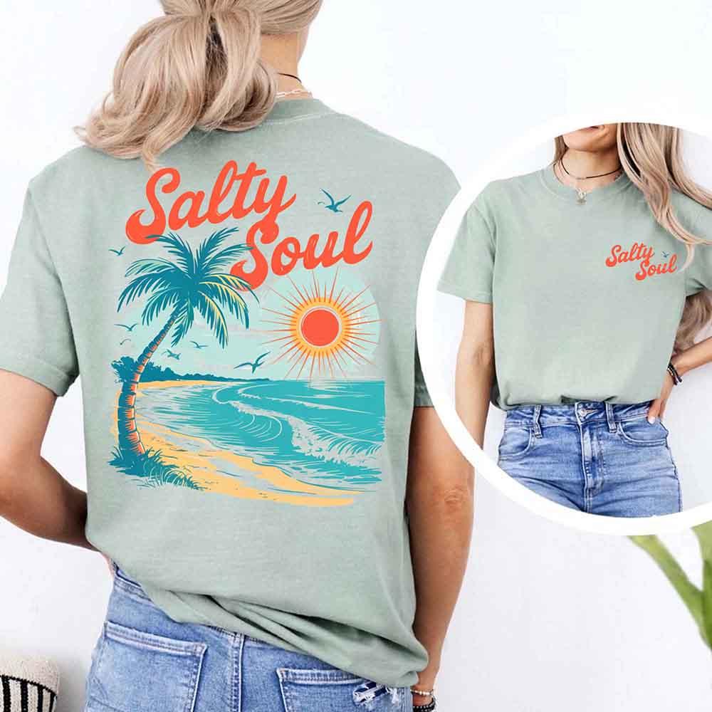 Adorb Custom Tees Salty Soul Comfort Colors Tee, folded to highlight the vibrant color and quality of this beach shirt.